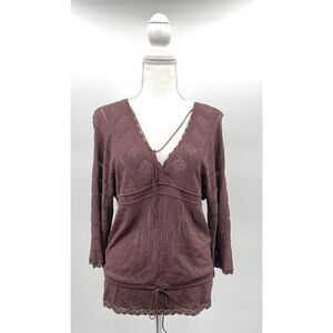 Chanel Vintage Knit Blouse Brown Long Sleeve Crotchet Logo Boho Tunic Sz 38